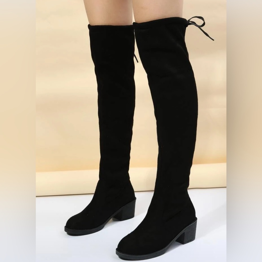 Shein women’s black faux suede lace up over the knee boots